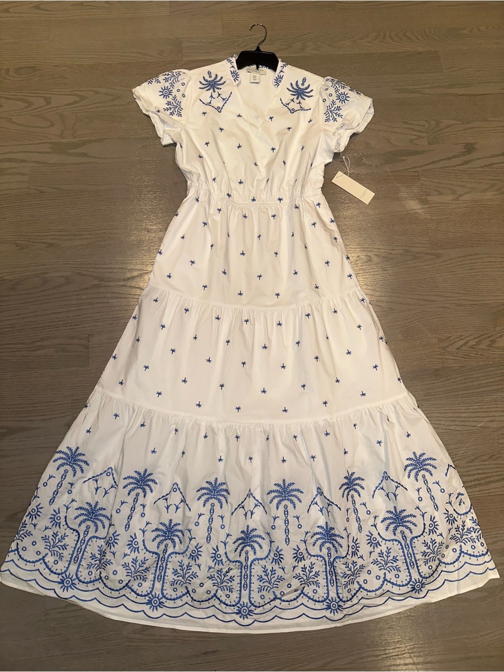 Calypso St. Barth White Maxi Dress with Blue Embroidery